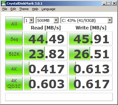 CrystalDiskMark 3.0.1 results for the hard drive: sequential read 44.49 MB/s and write 45.91 MB/s