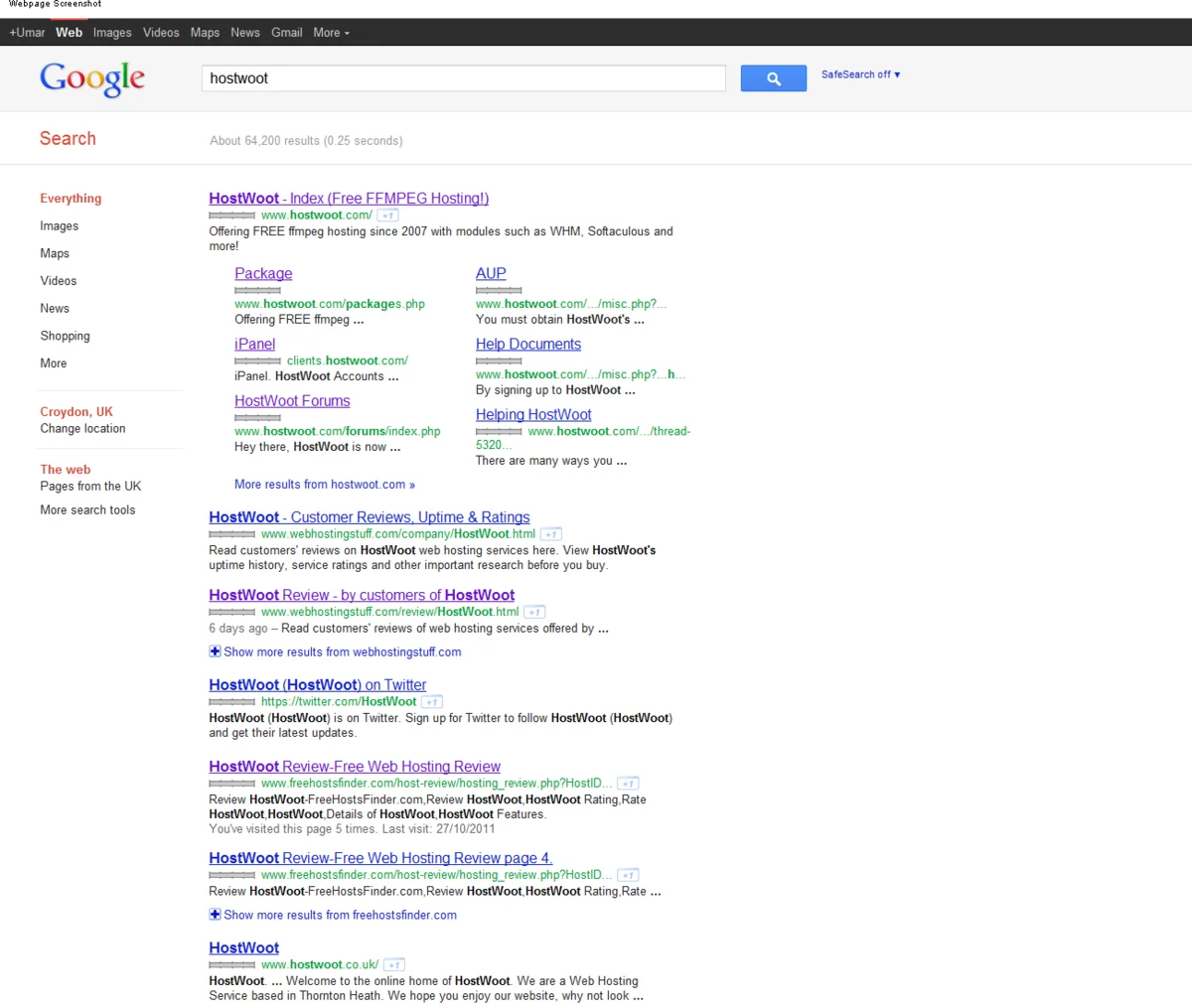 Google search results page for hostwoot with hostwoot.com first and six sitelinks