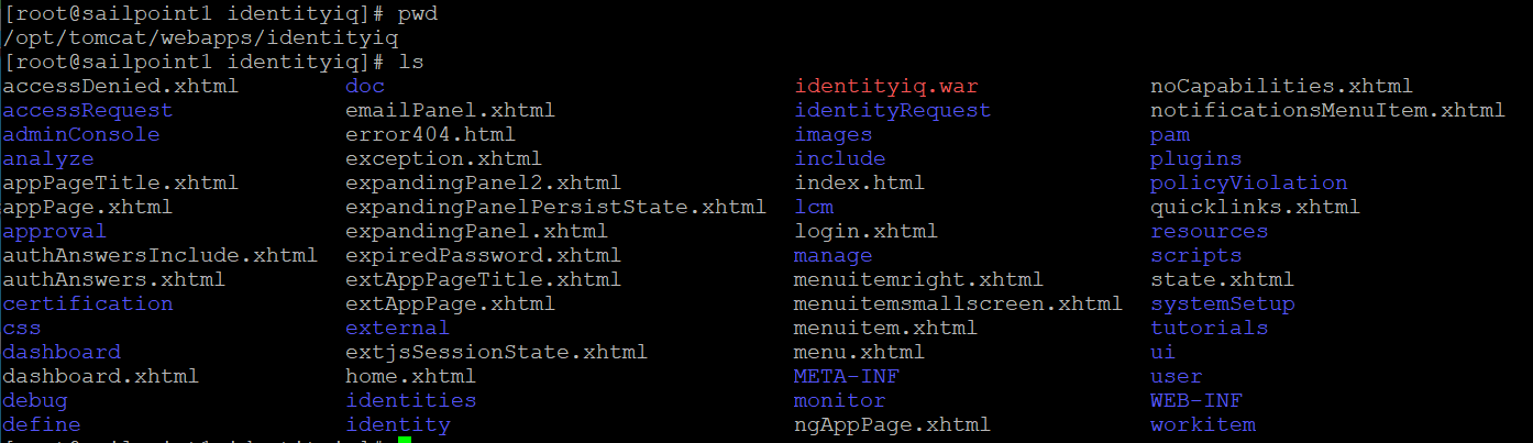 Terminal window showing directory listing of inflated files from WAR file