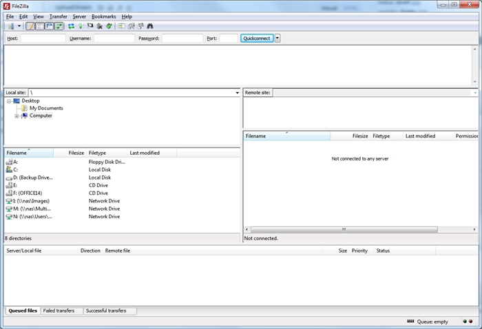 FileZilla main window with the Quickconnect host, username, password and port fields empty