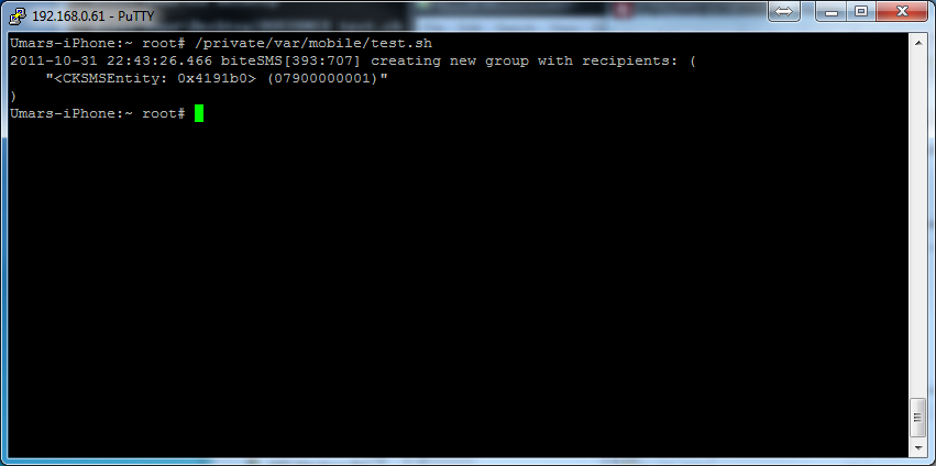 ssh PuTTY session on the iPhone running test.sh, with biteSMS logging a new group with the recipient number
