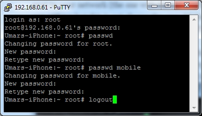 PuTTY session on the iPhone changing the root and mobile passwords with passwd, then logging out