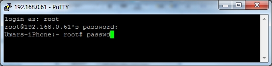 PuTTY session logged in to the iPhone as root, about to run passwd