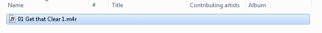 Windows Explorer showing the converted file renamed to 01 Get that Clear 1.m4r