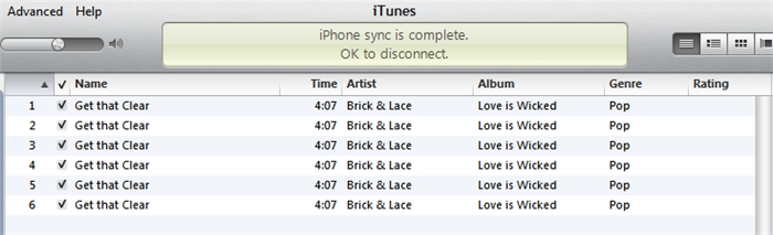 iTunes library list showing six copies of the track Get that Clear by Brick & Lace