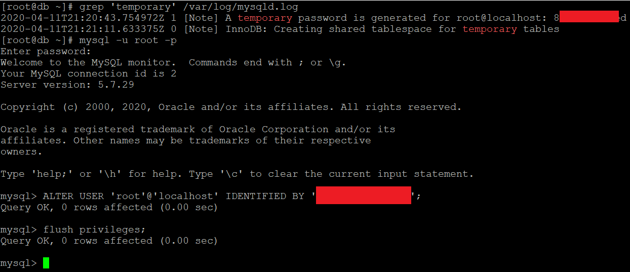 Terminal window showing root password change