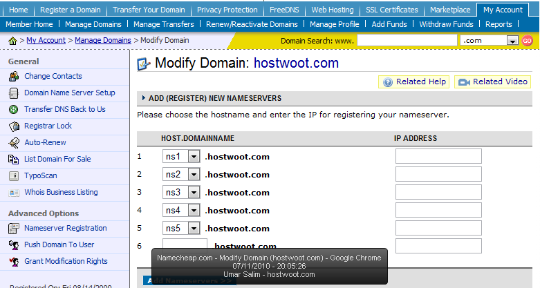Namecheap Modify Domain page for hostwoot.com with empty nameserver registration fields ns1 to ns5