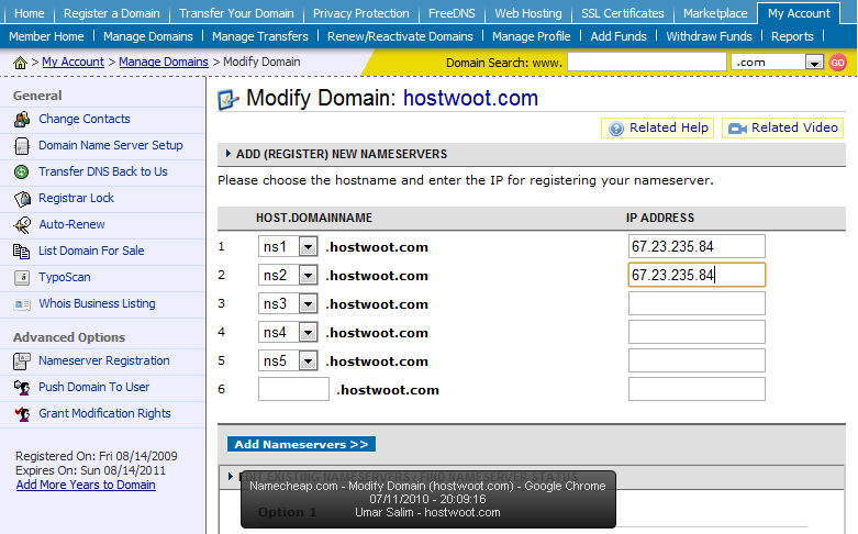 Namecheap nameserver registration form for hostwoot.com with ns1 and ns2 entered with the same IP address