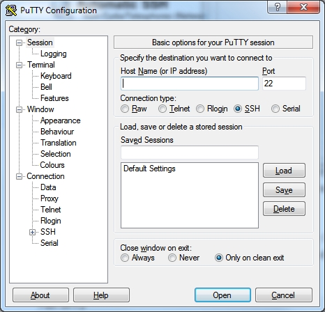 PuTTY Configuration window with the host name field empty, port 22 and connection type SSH