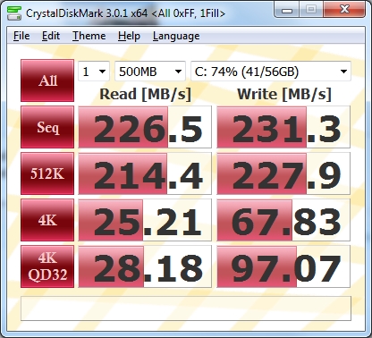 CrystalDiskMark 3.0.1 results for the SSD: sequential read 226.5 MB/s and write 231.3 MB/s