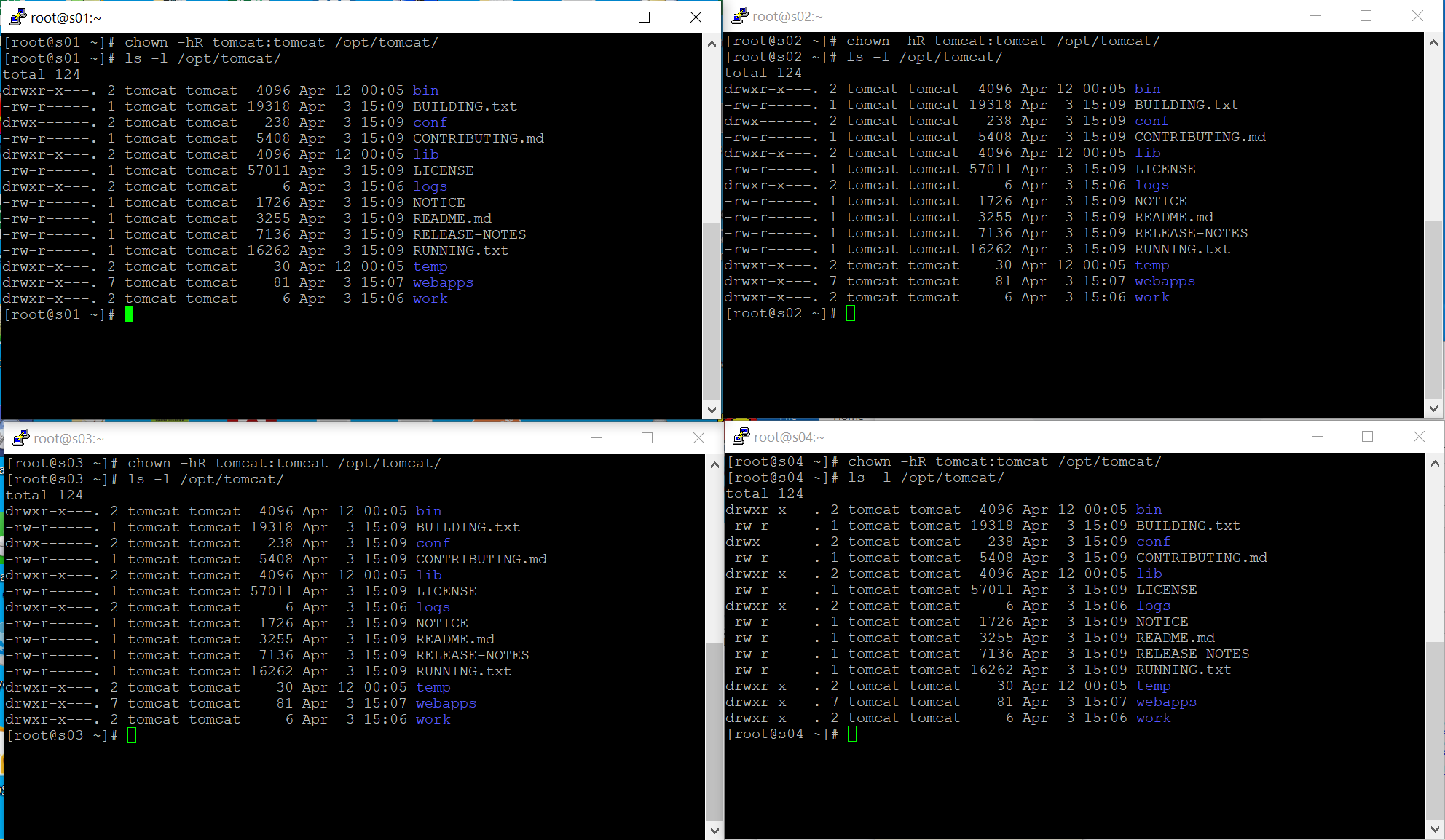 Terminal windows showing ownership/group change