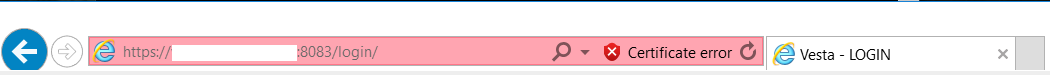 Internet Explorer address bar showing a certificate error on the VestaCP login page on port 8083