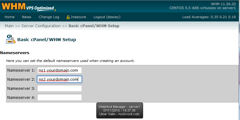 WHM Basic cPanel/WHM Setup page with the Nameserver 1 and Nameserver 2 fields set to ns1 and ns2 of yourdomain.com